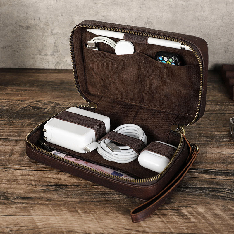 Tech Accessories Case - 빈티지 브라운 정품 소가죽 테크 오거나이저