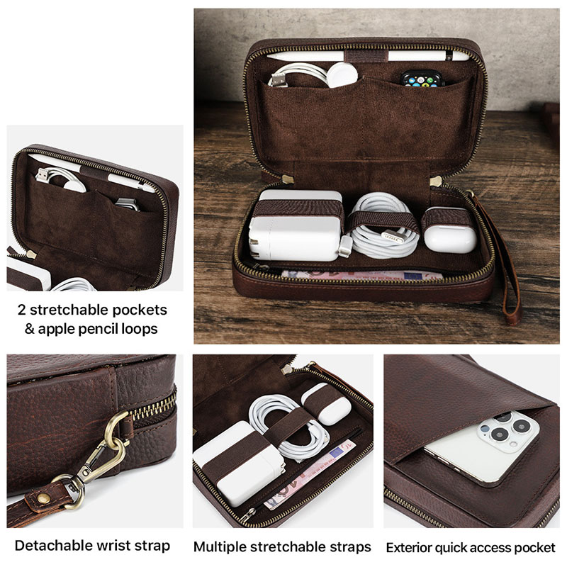 빈티지 브라운 정품 소가죽 테크 오거나이저 가방, 충전 - Tech Accessories Case 리뷰 및 가격